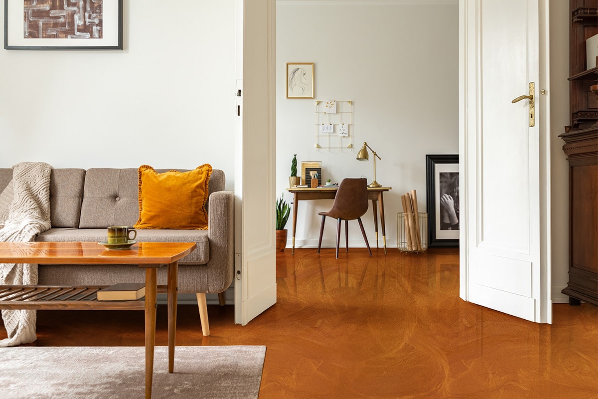 Real photo of a retro living room interior and view of a home of Real photo of a retro living room interior and view of a home office. View through a door