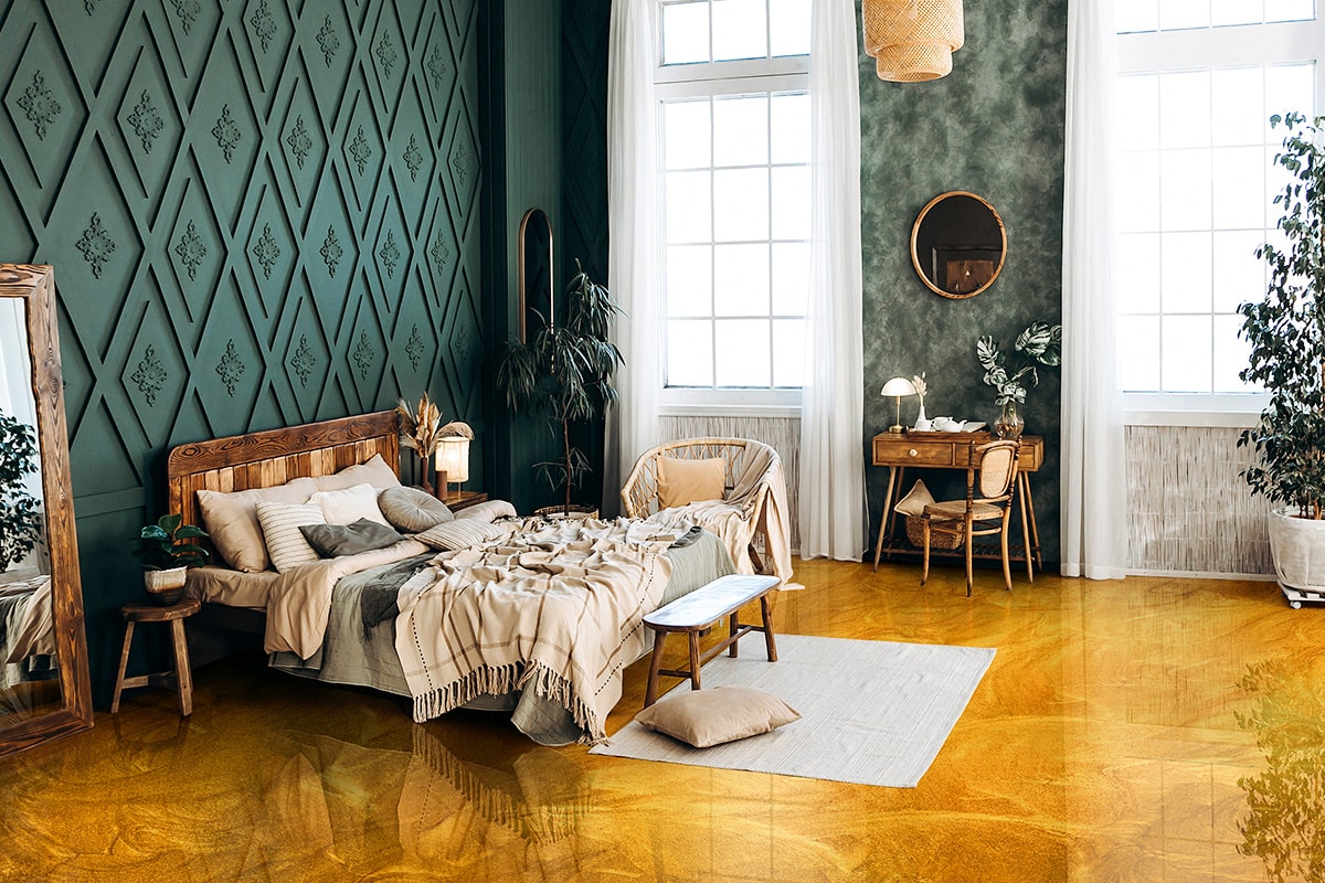 Cozy bedroom interior in boho style with wooden furniture, conso Cozy bedroom interior in boho style with wooden furniture, console table, textiles, green walls, large windows and potted plants. Empty space